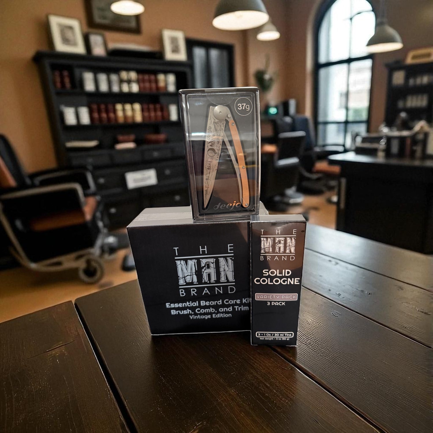 DEEJO KNIFE, ESSENTIAL BEARD CARE KIT, AND SOLID COLOGNE BUNDLE