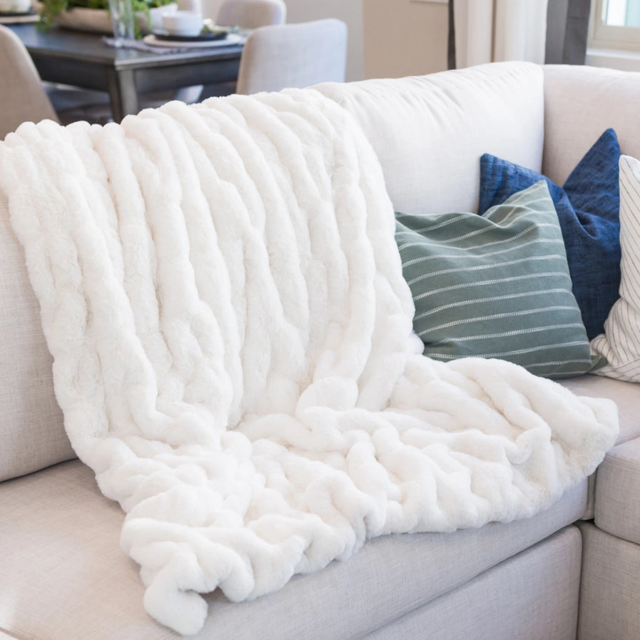 SOFT RUCHED FAUX FUR THROW-MULTIPLE COLORS