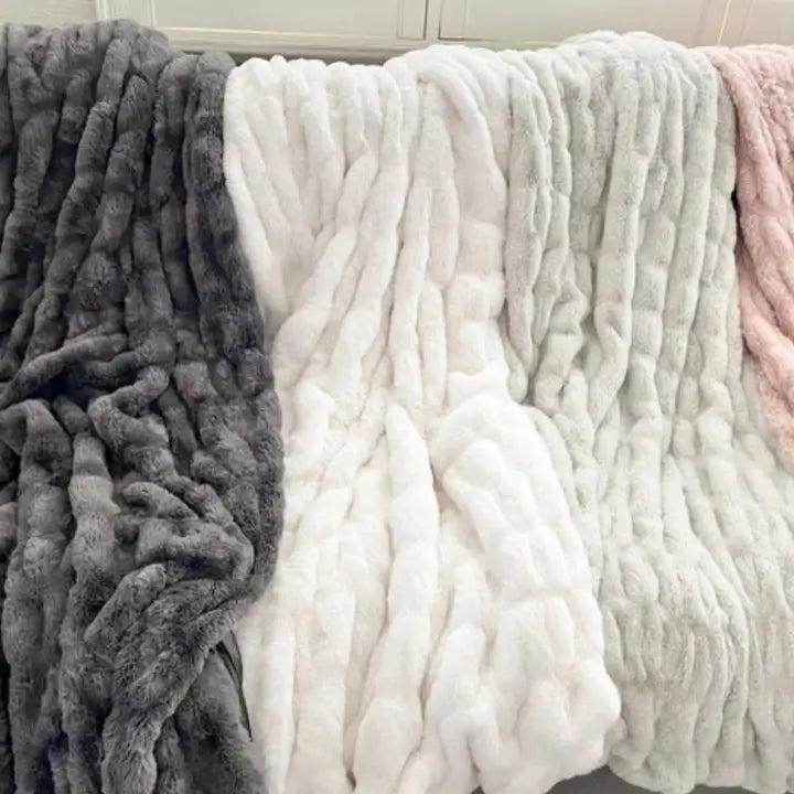 SOFT RUCHED FAUX FUR THROW-MULTIPLE COLORS